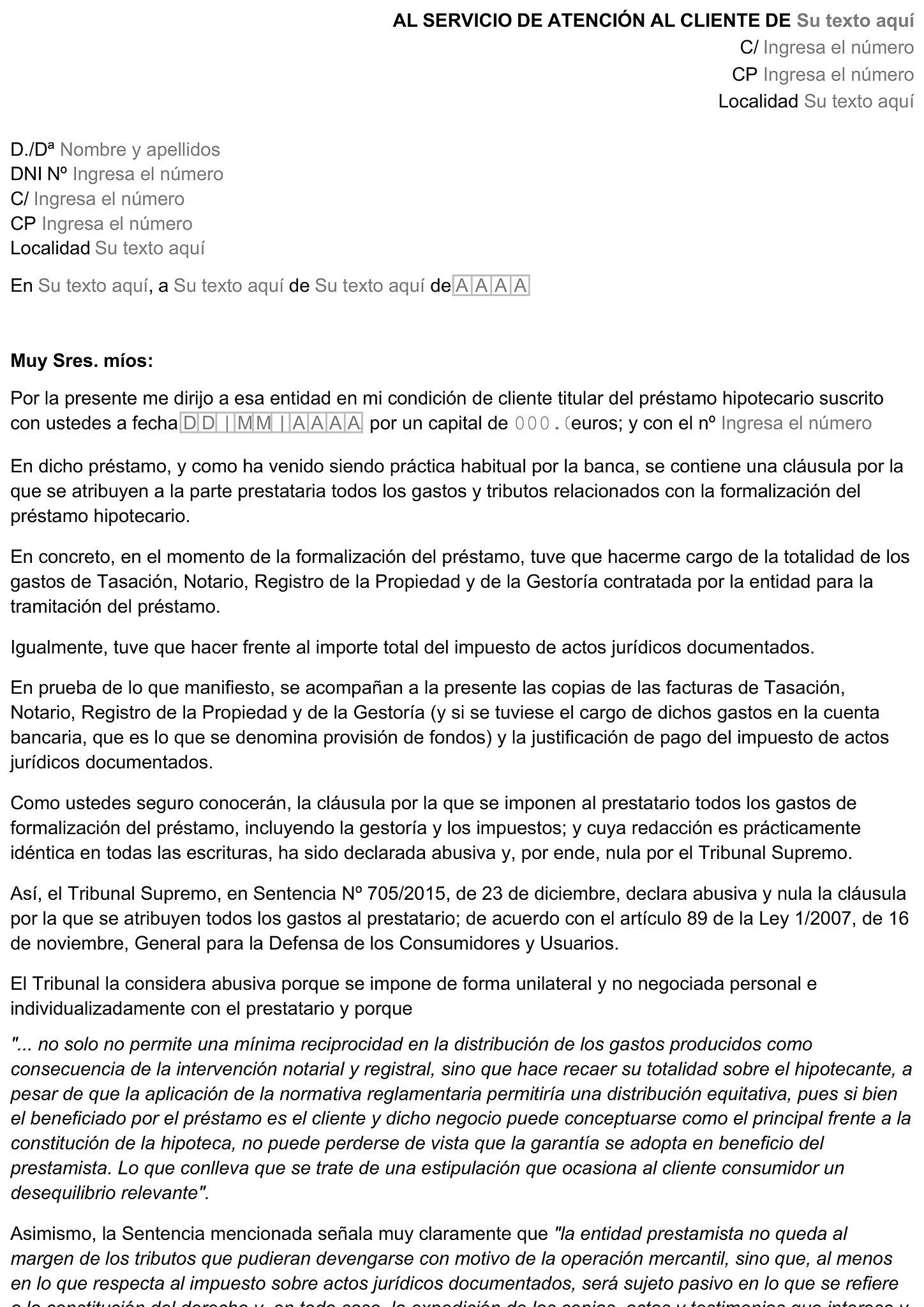 Formulario de reclamación sobre gastos de formalización de la hipoteca 1