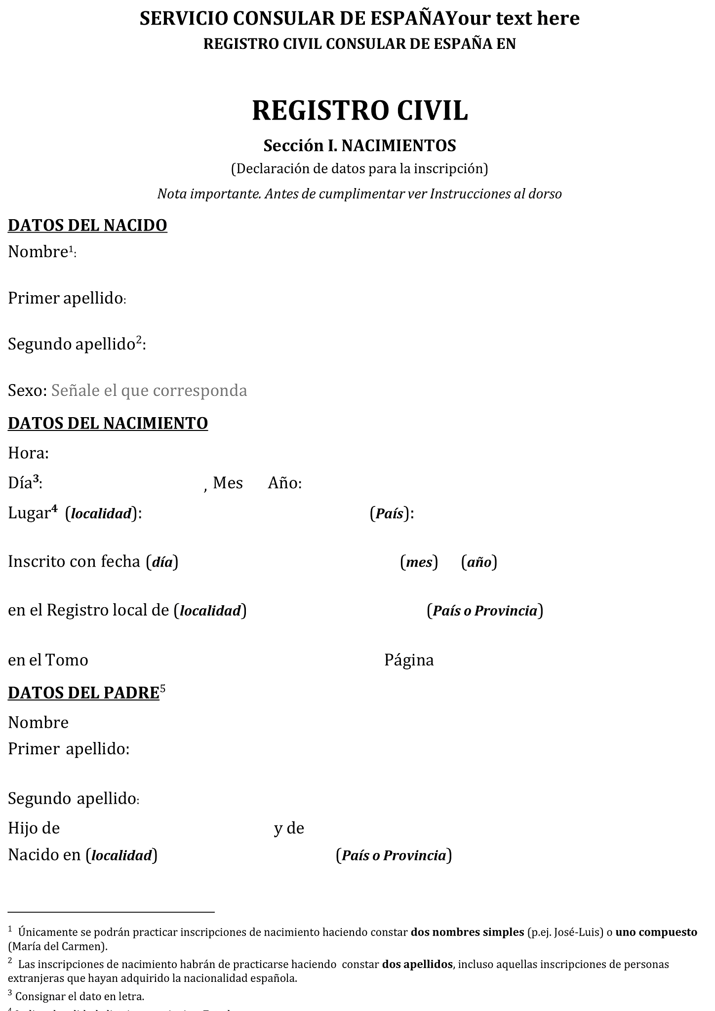 Formulario cuestionario para la declaración de nacimiento al Registro Civil 1