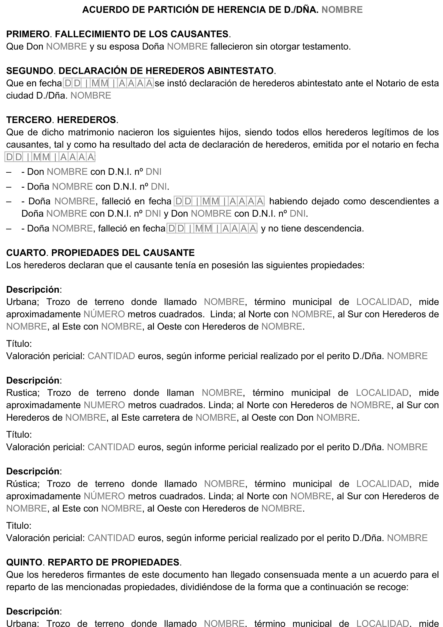 Formulario acuerdo de partición de herencia 1
