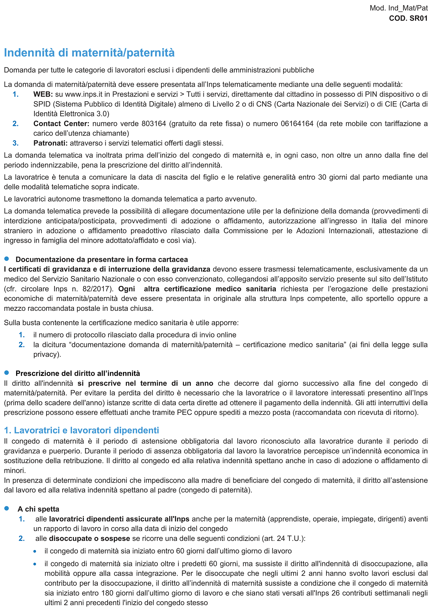 Modulo indennità di maternità / paternità 1