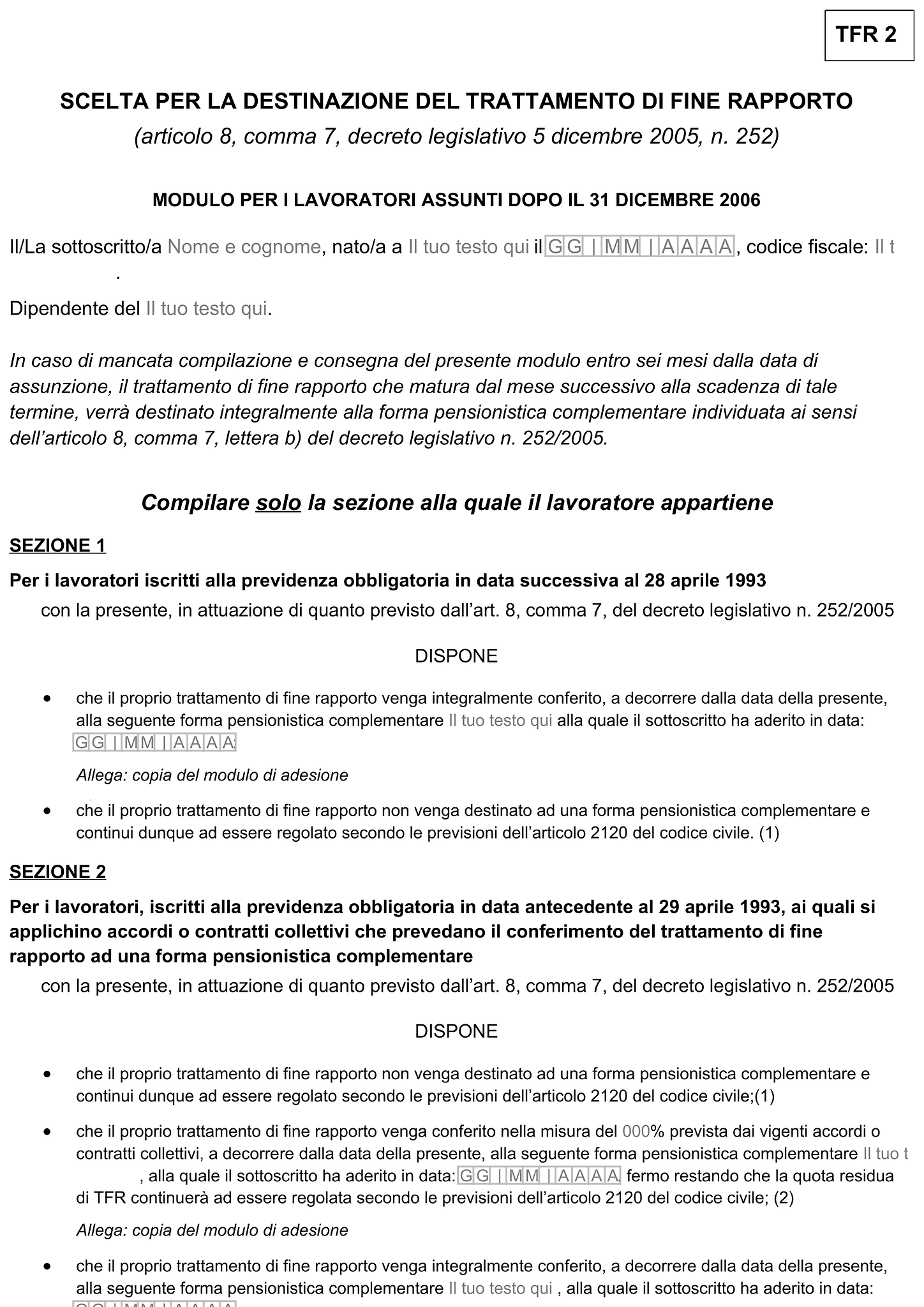 Modulo TFR 2 scelta per la destinazione del trattamento di fine rapporto 1