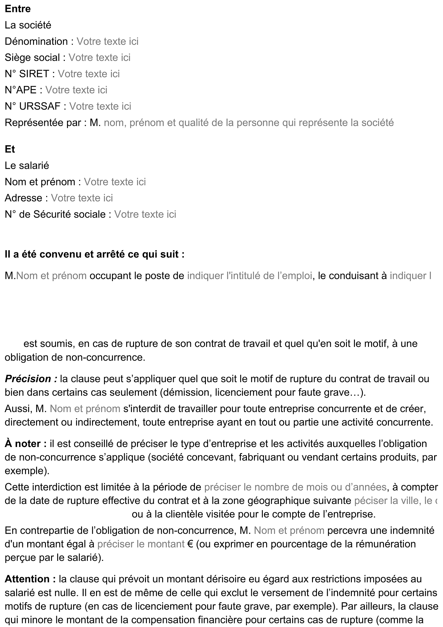 Formulaire clause de non-concurrence 1