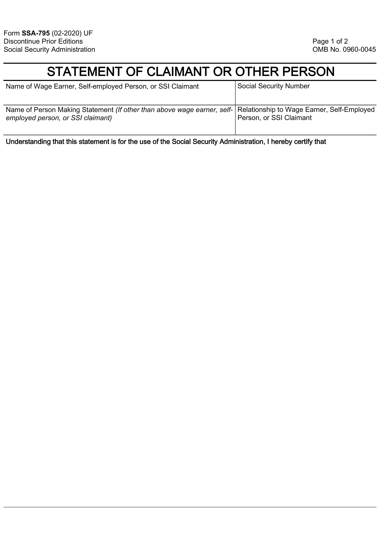 Form SSA 795 (Statement of Claimant or Other Person) 1