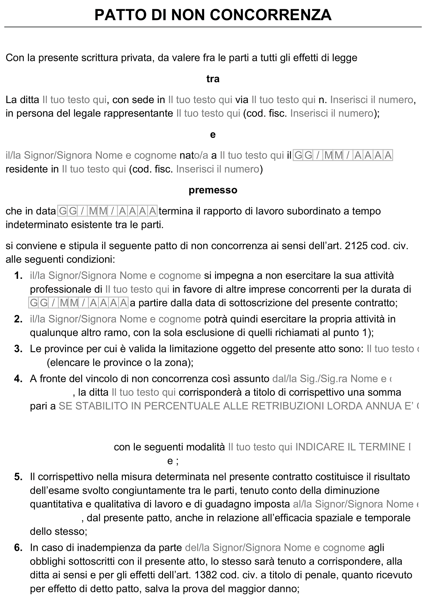 Modulo patto di non concorrenza lavoratore autonomo 1