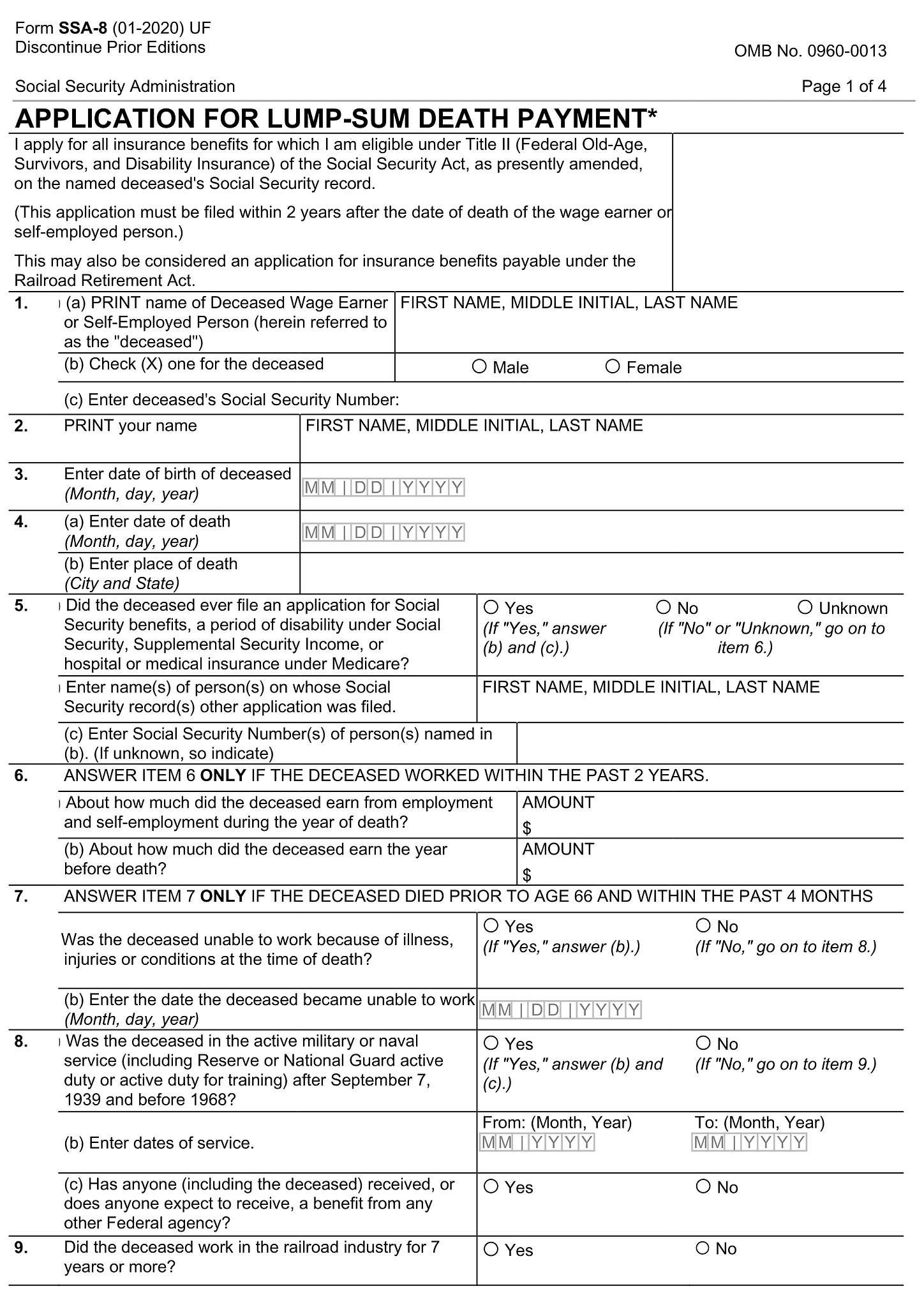 Form SSA-8 (Application for Lump-Sum Death Payment) 1