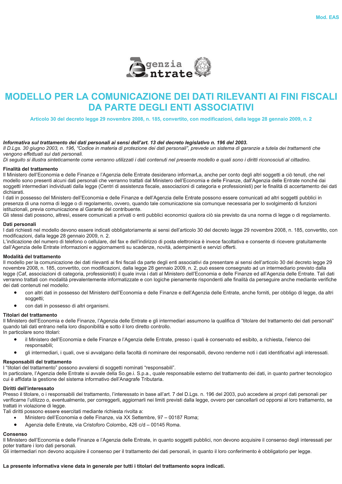Modello EAS, Enti associativi 1