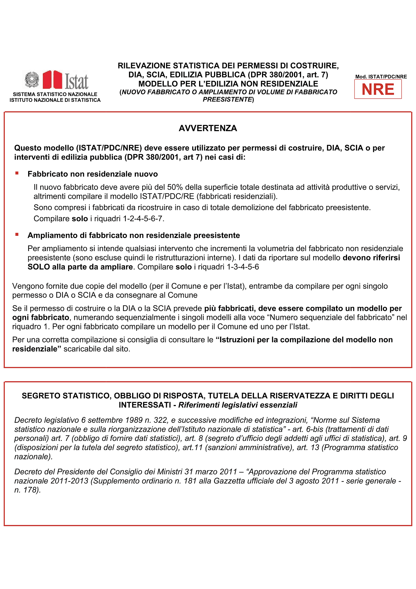 Modello ISTAT/PDC/NRE 1