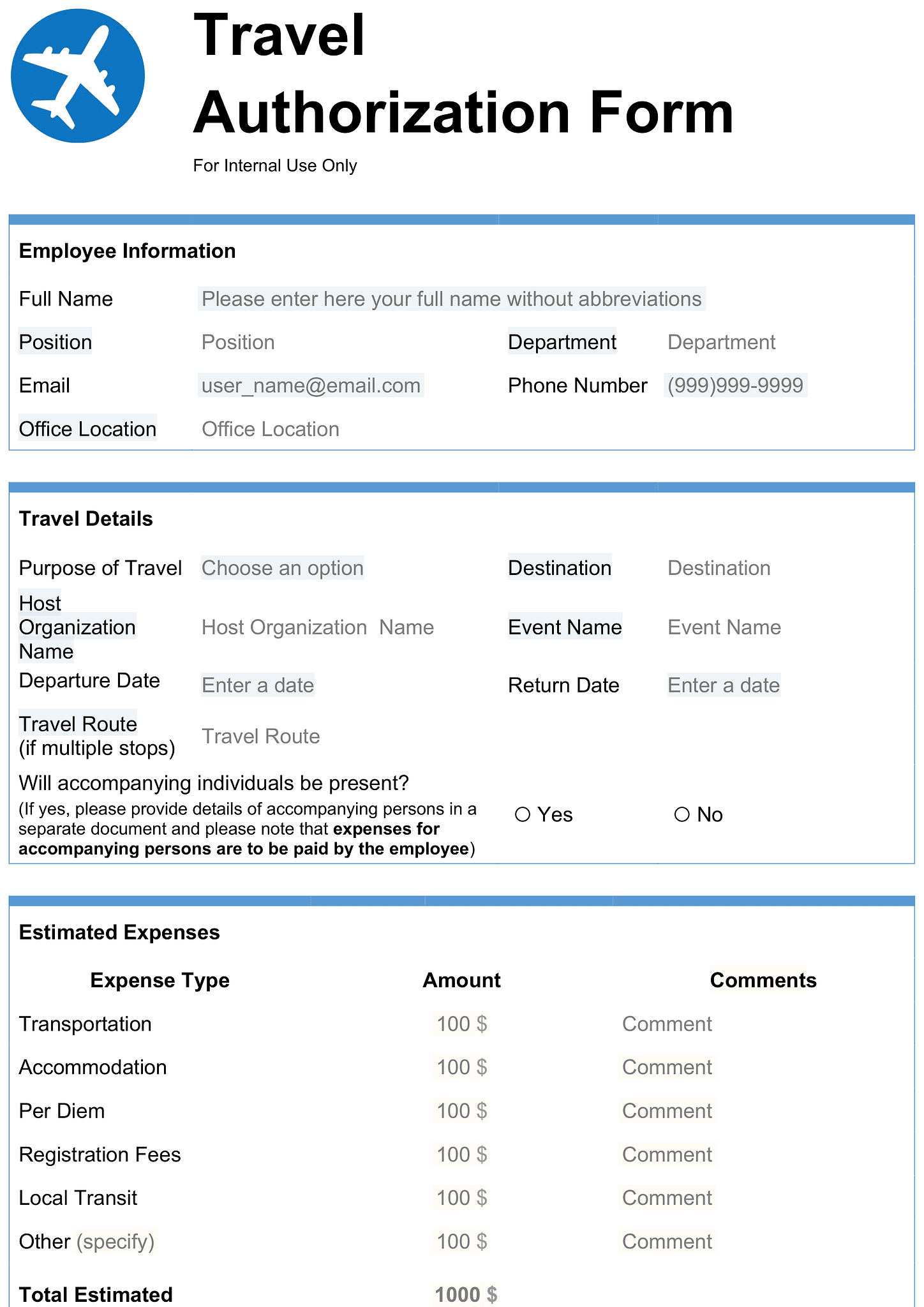 Travel authorization form 1