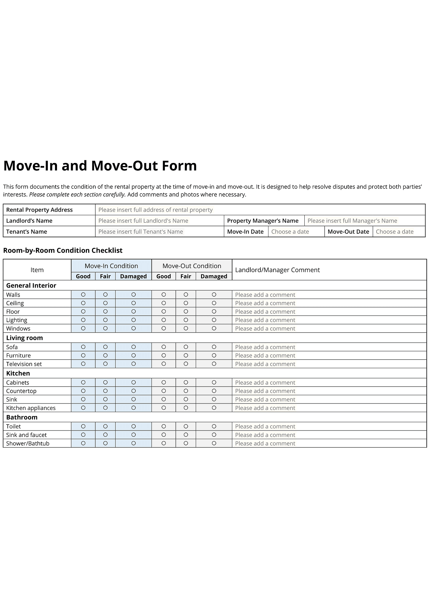 Move-in and move-out form (horizontal) 1