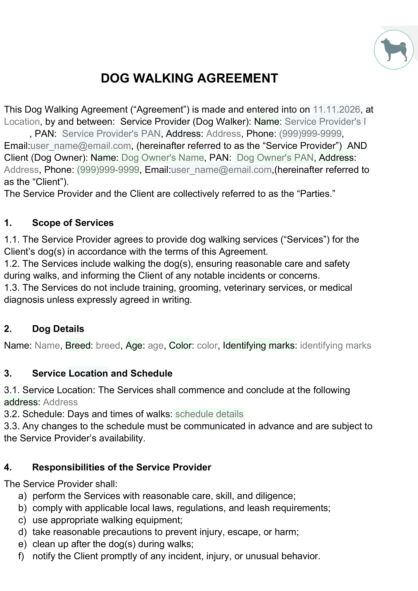 Dog walking agreement (detailed) 1
