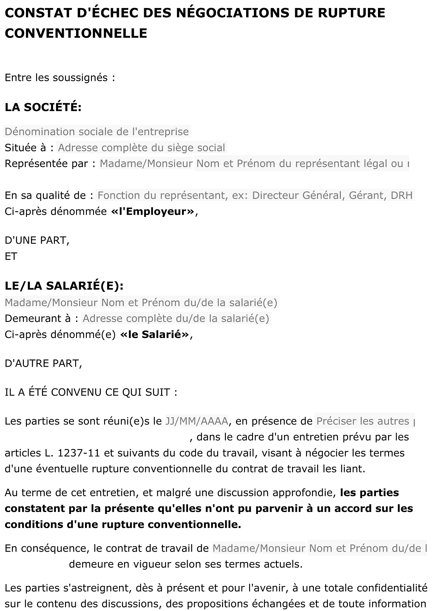 Constat d'échec des négociations de rupture conventionnelle 1