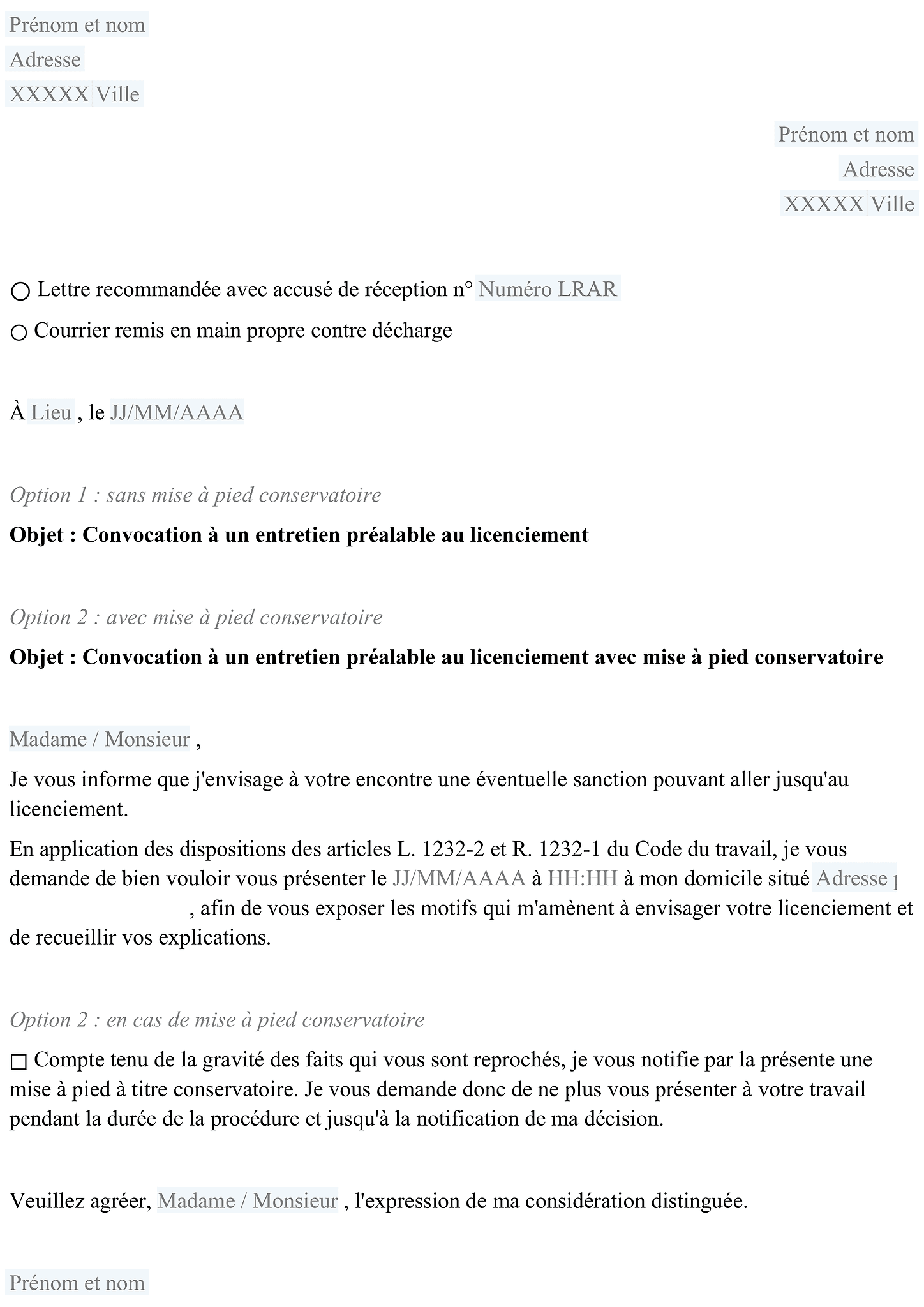 Convocation à un entretien préalable au licenciement 1