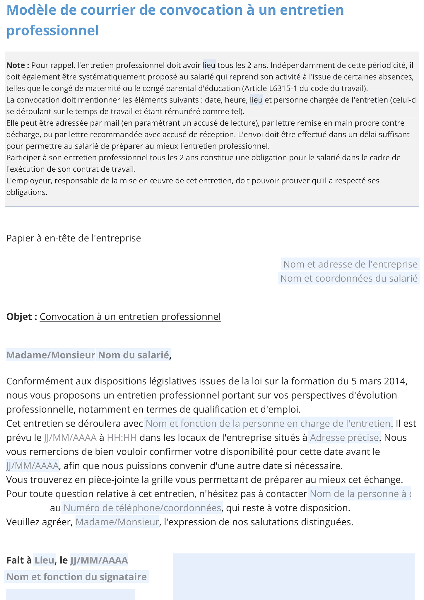 Convocation à un entretien professionnel 1