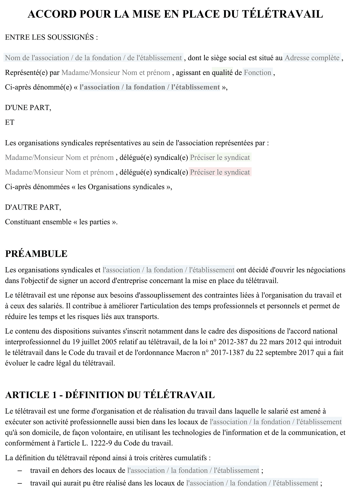 Accord pour la mise en place du télétravail 1