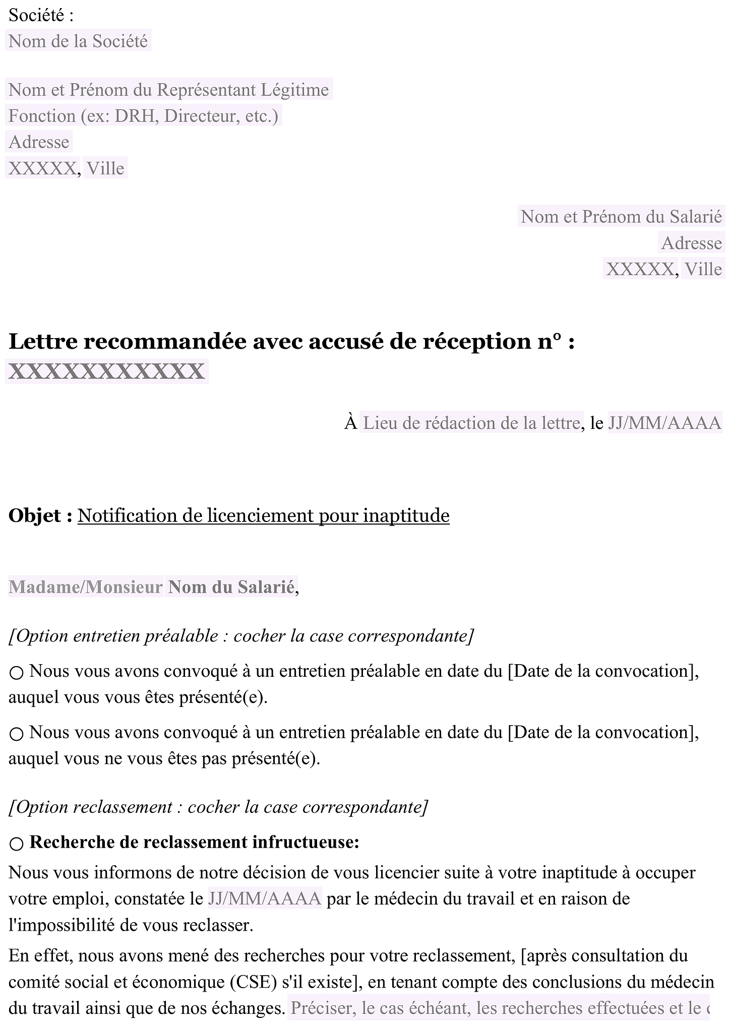Lettre de licenciement pour inaptitude 1