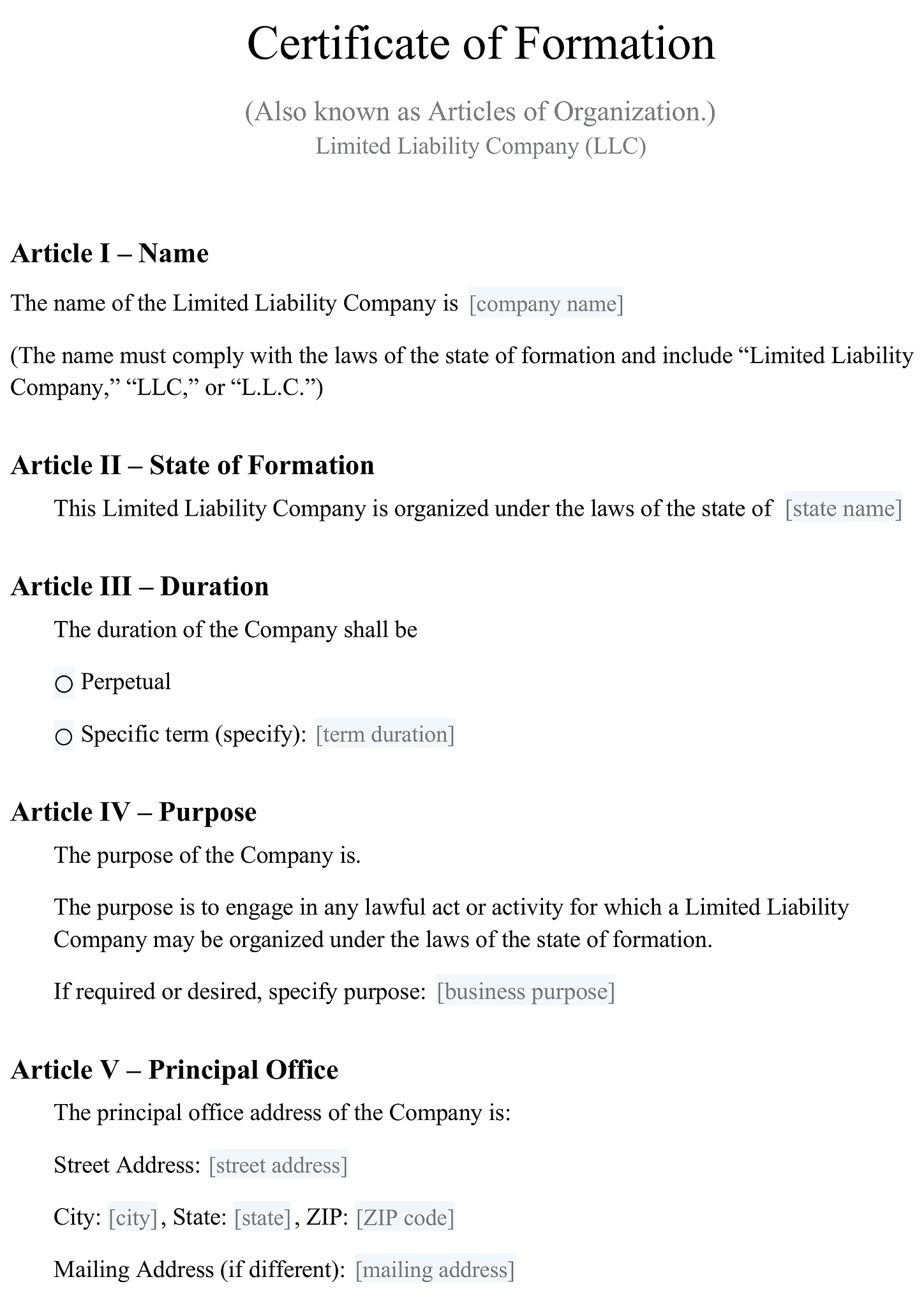 Certificate of formation (LLC) 1