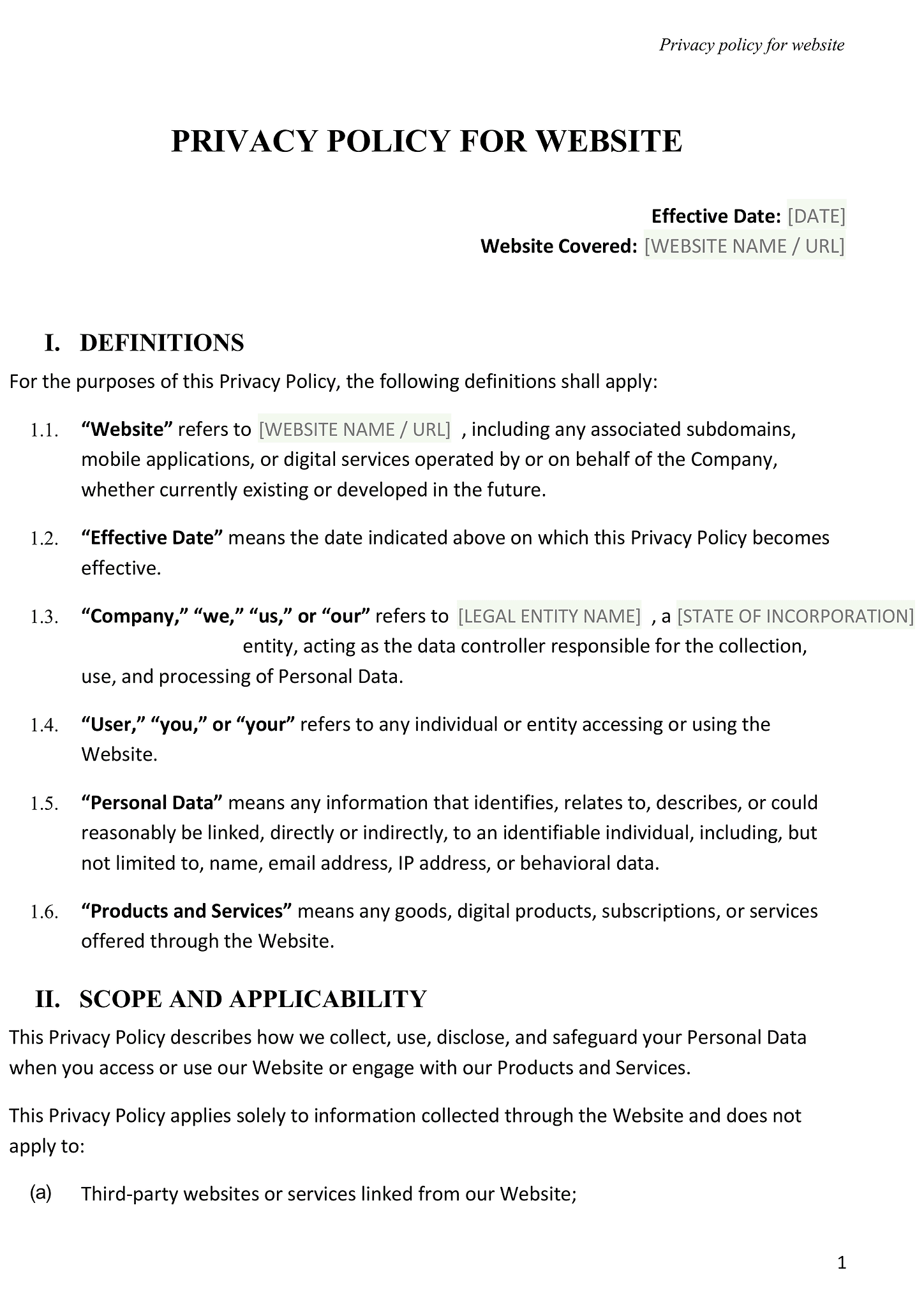 Privacy policy for website 1