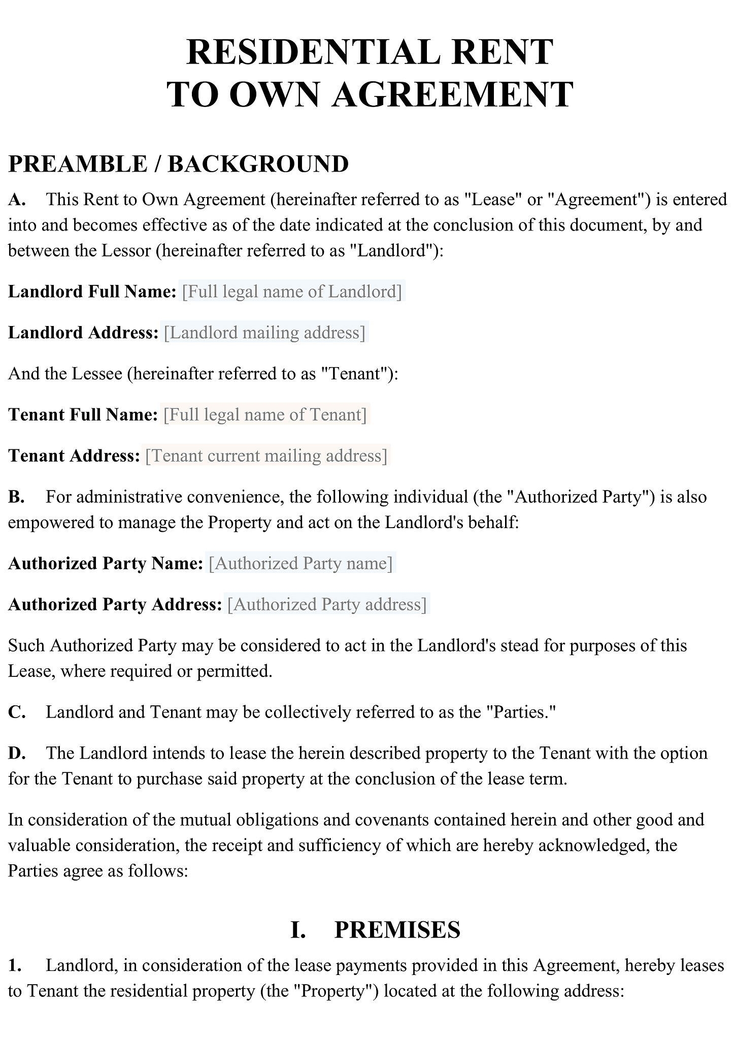 Residential rent to own agreement 1