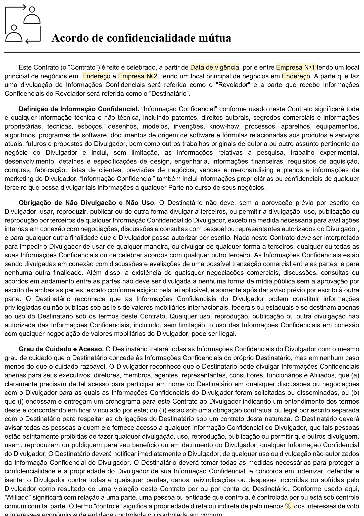 Formulário de acordo de não divulgação (confidencialidade mútua) 1