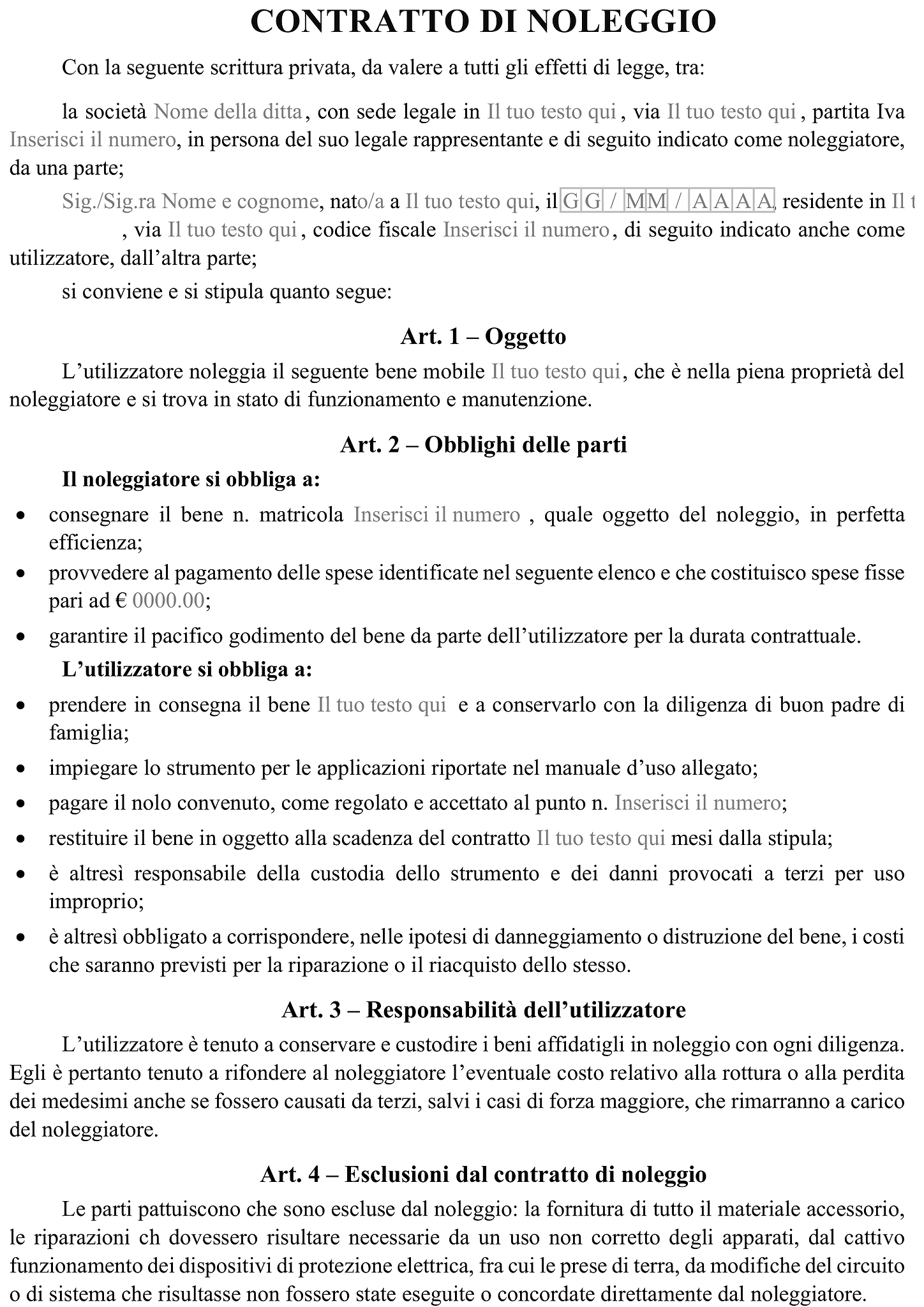 Modulo contratto di noleggio 1