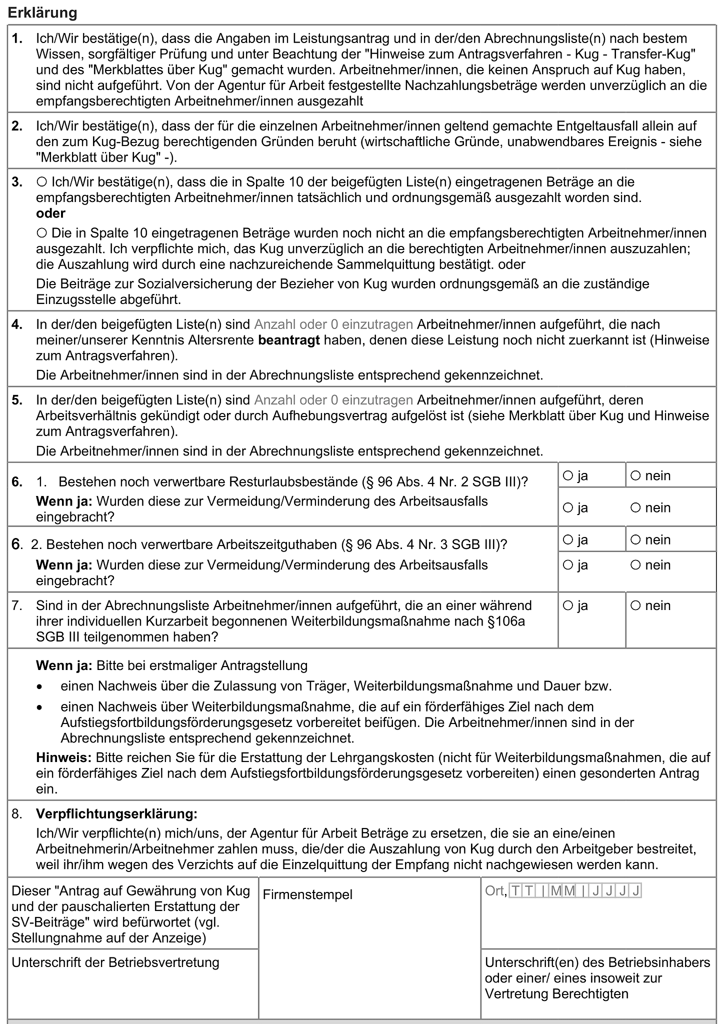 Formular vom Antrag auf Kurzarbeitergeld (Kug) 2