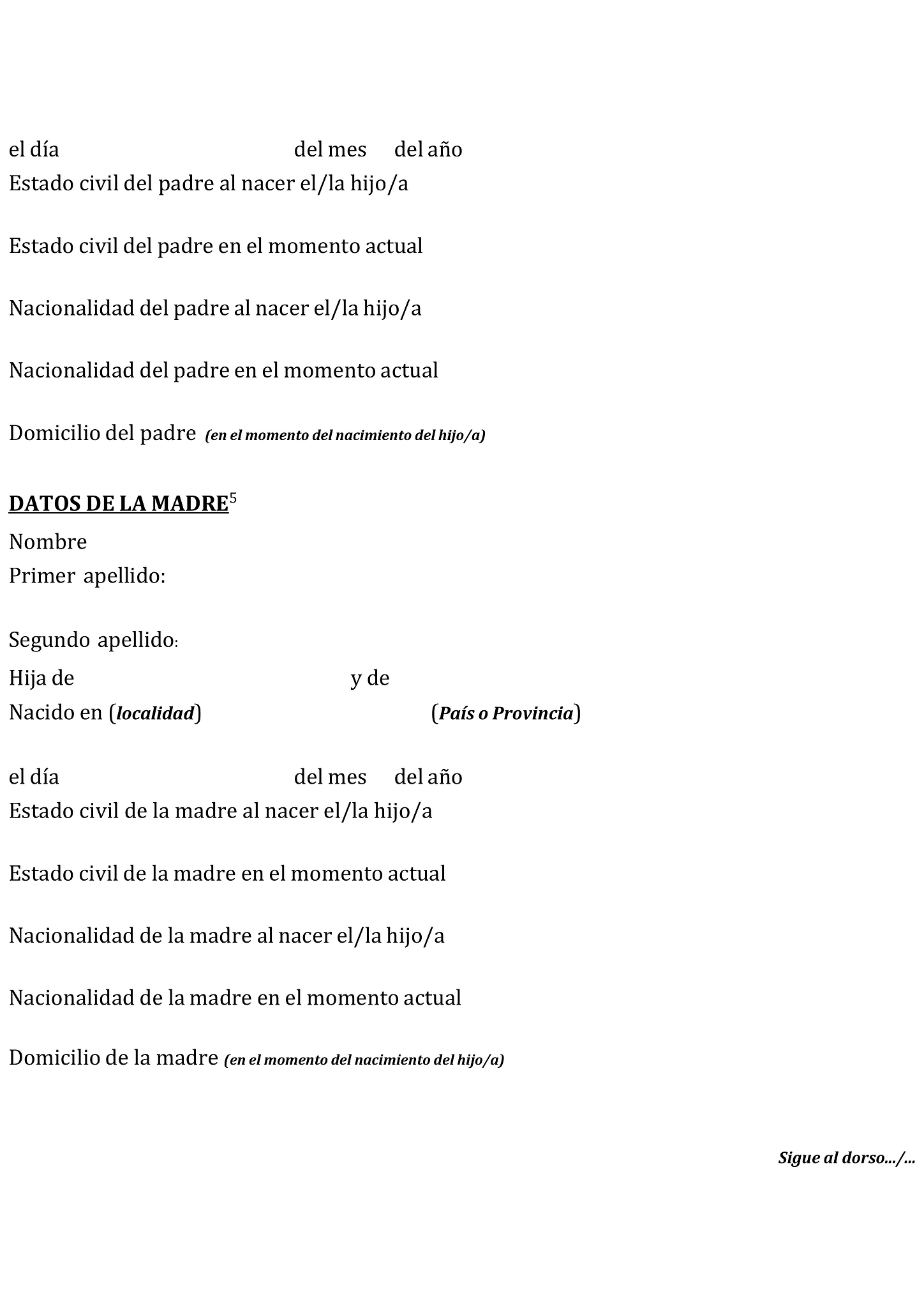 Formulario cuestionario para la declaración de nacimiento al Registro Civil 2