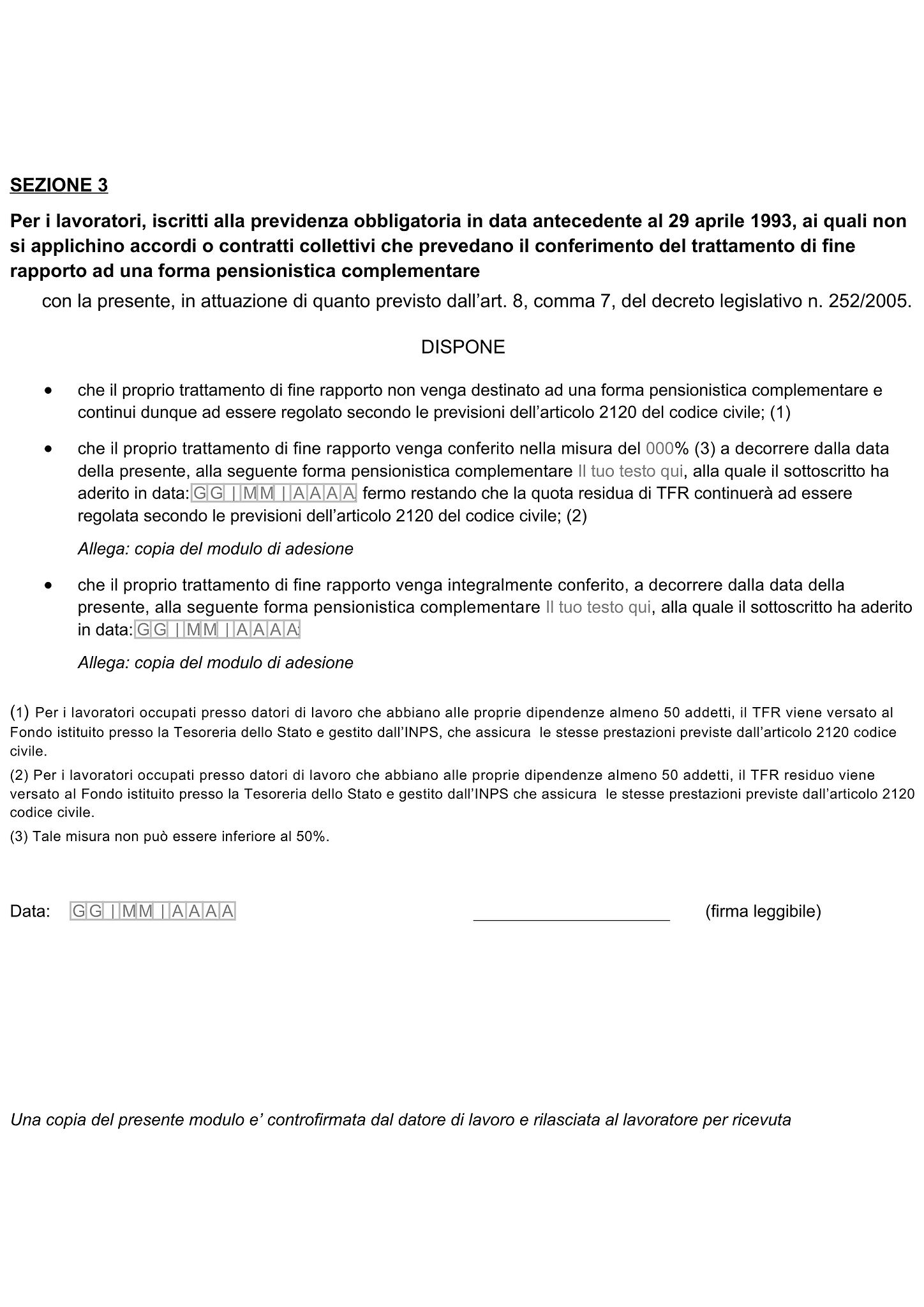 Modulo TFR 2 scelta per la destinazione del trattamento di fine rapporto 2