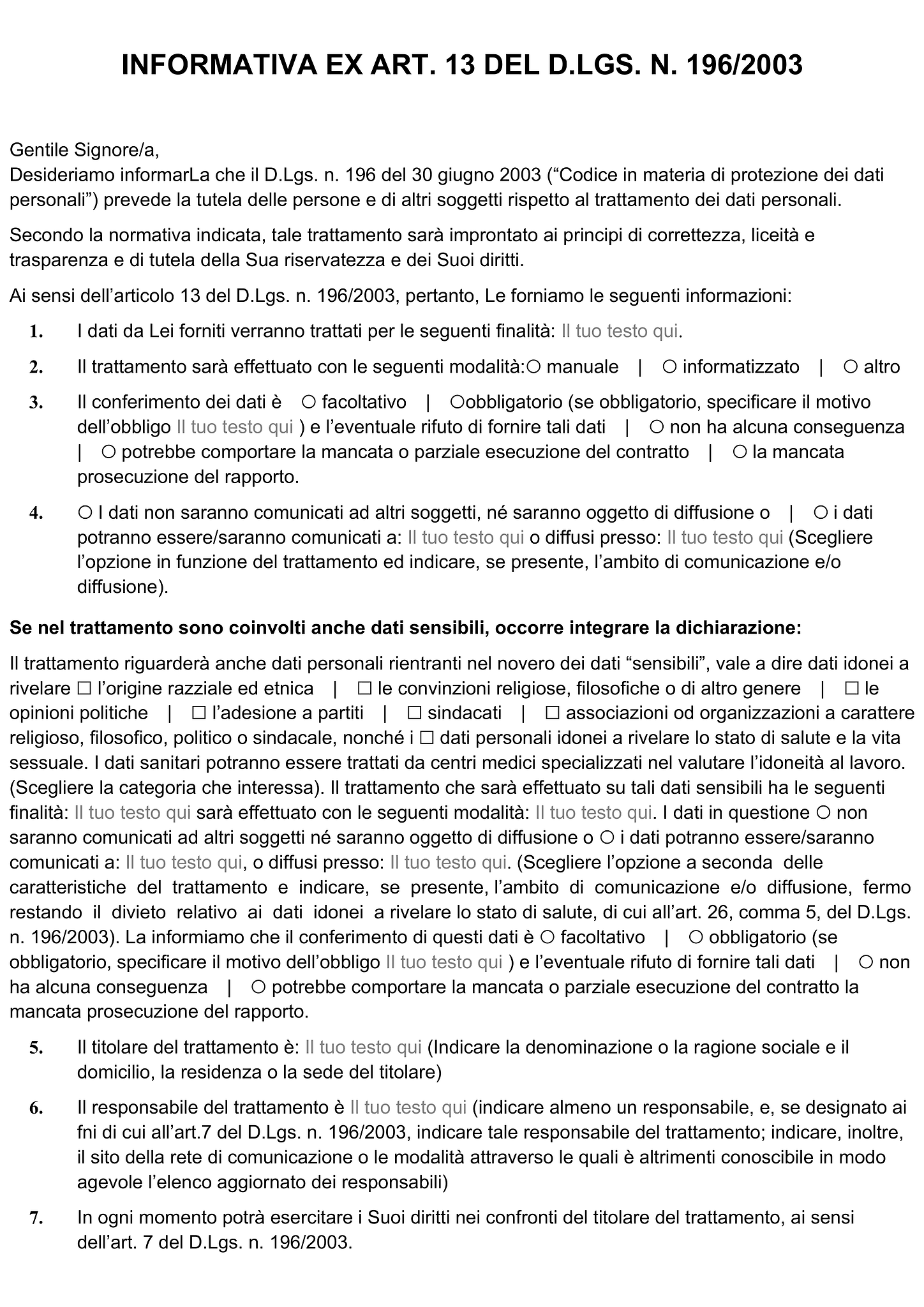 Modulo consenso al trattamento dei dati personali (Modulo Privacy) 2