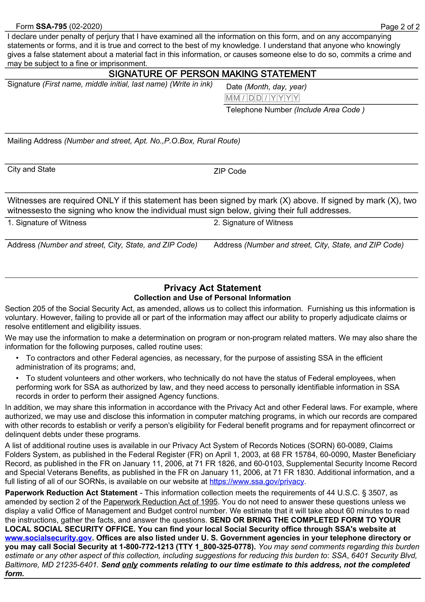 Form SSA 795 (Statement of Claimant or Other Person) 2