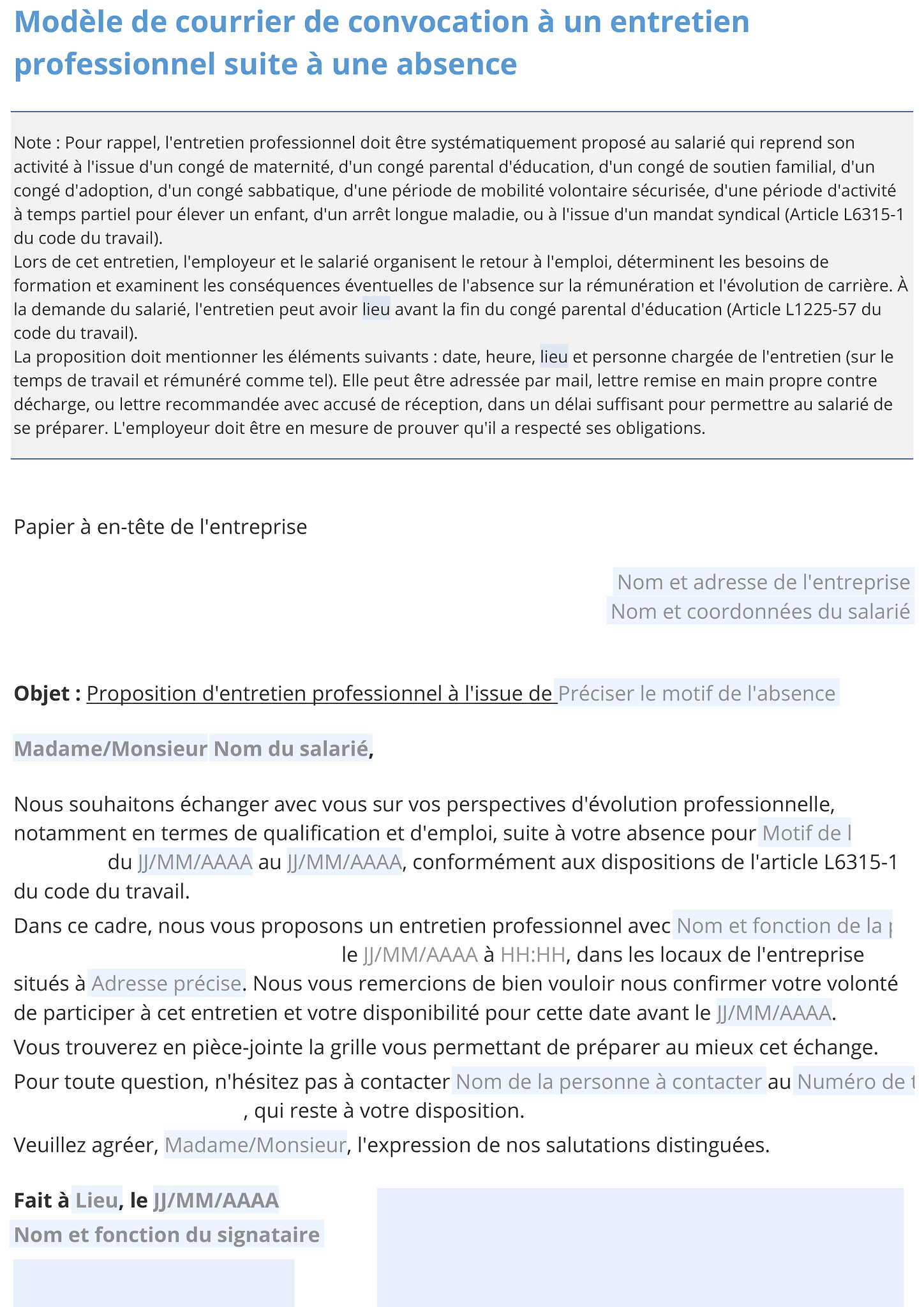 Convocation à un entretien professionnel 2