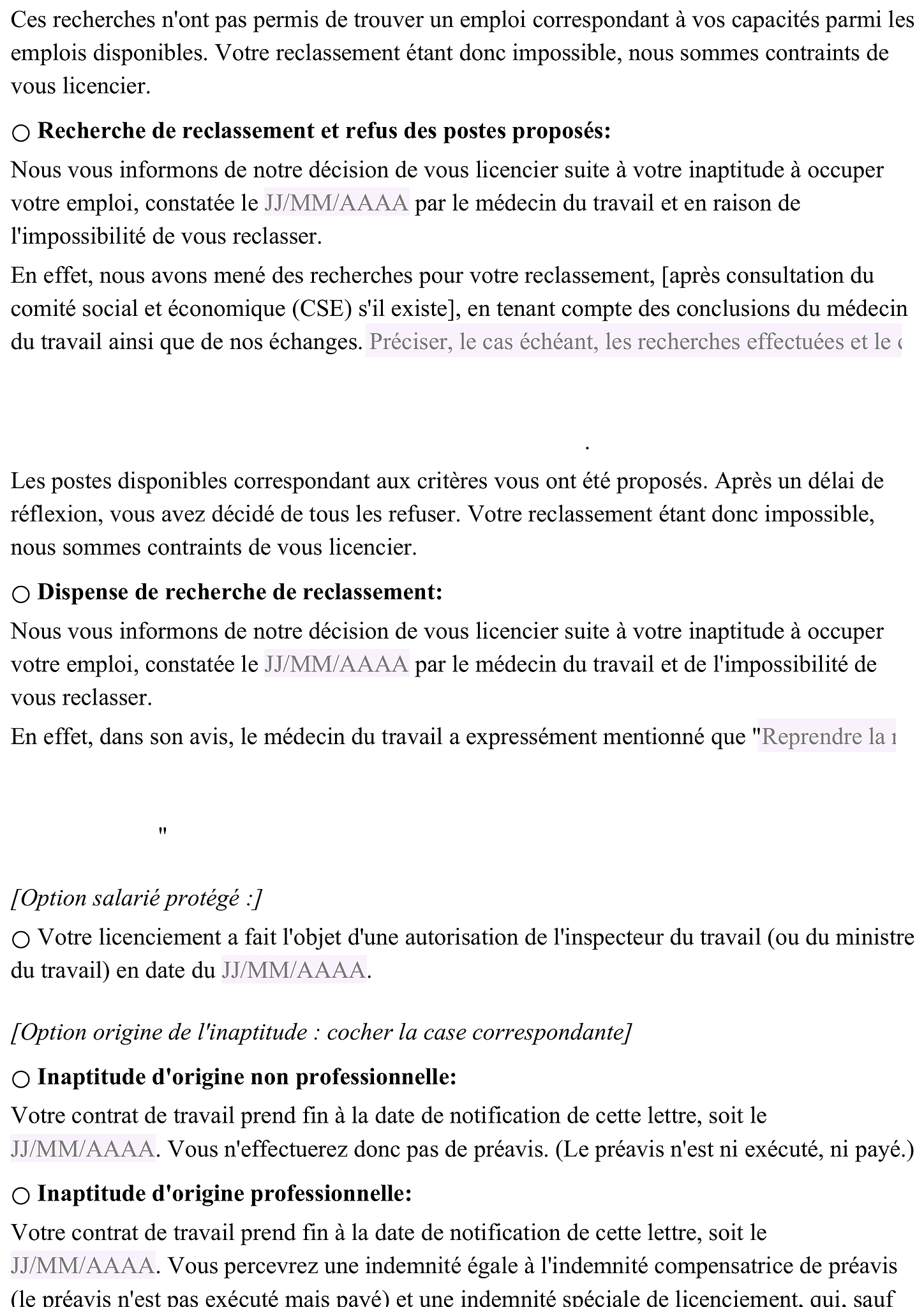 Lettre de licenciement pour inaptitude 2