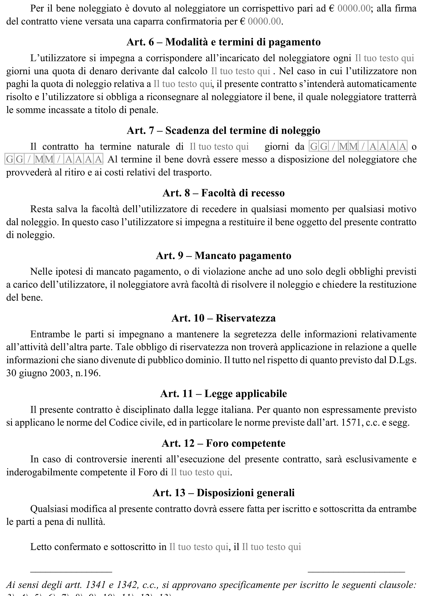 Modulo contratto di noleggio 2