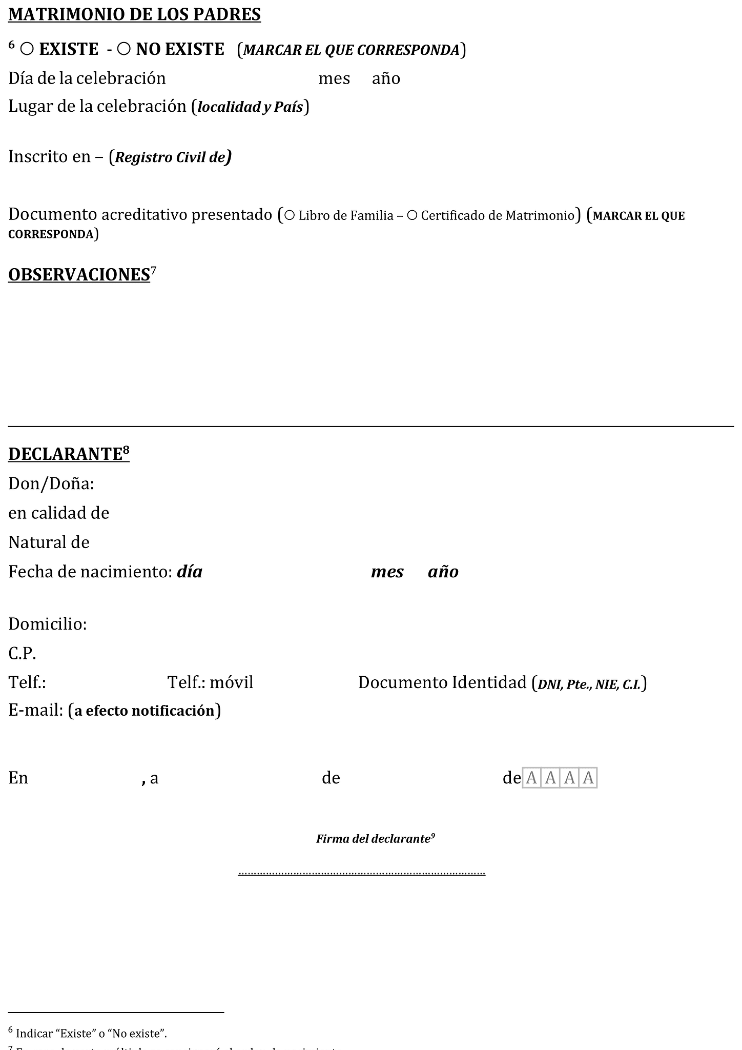 Formulario cuestionario para la declaración de nacimiento al Registro Civil 3