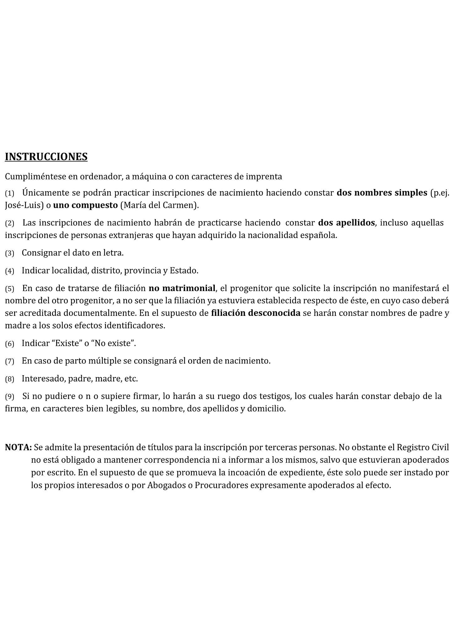 Formulario cuestionario para la declaración de nacimiento al Registro Civil 4