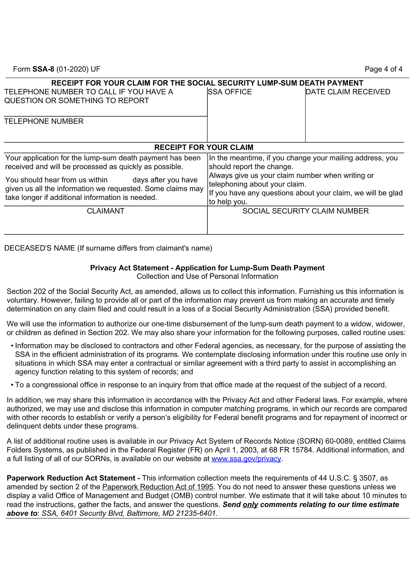 Form SSA-8 (Application for Lump-Sum Death Payment) 4