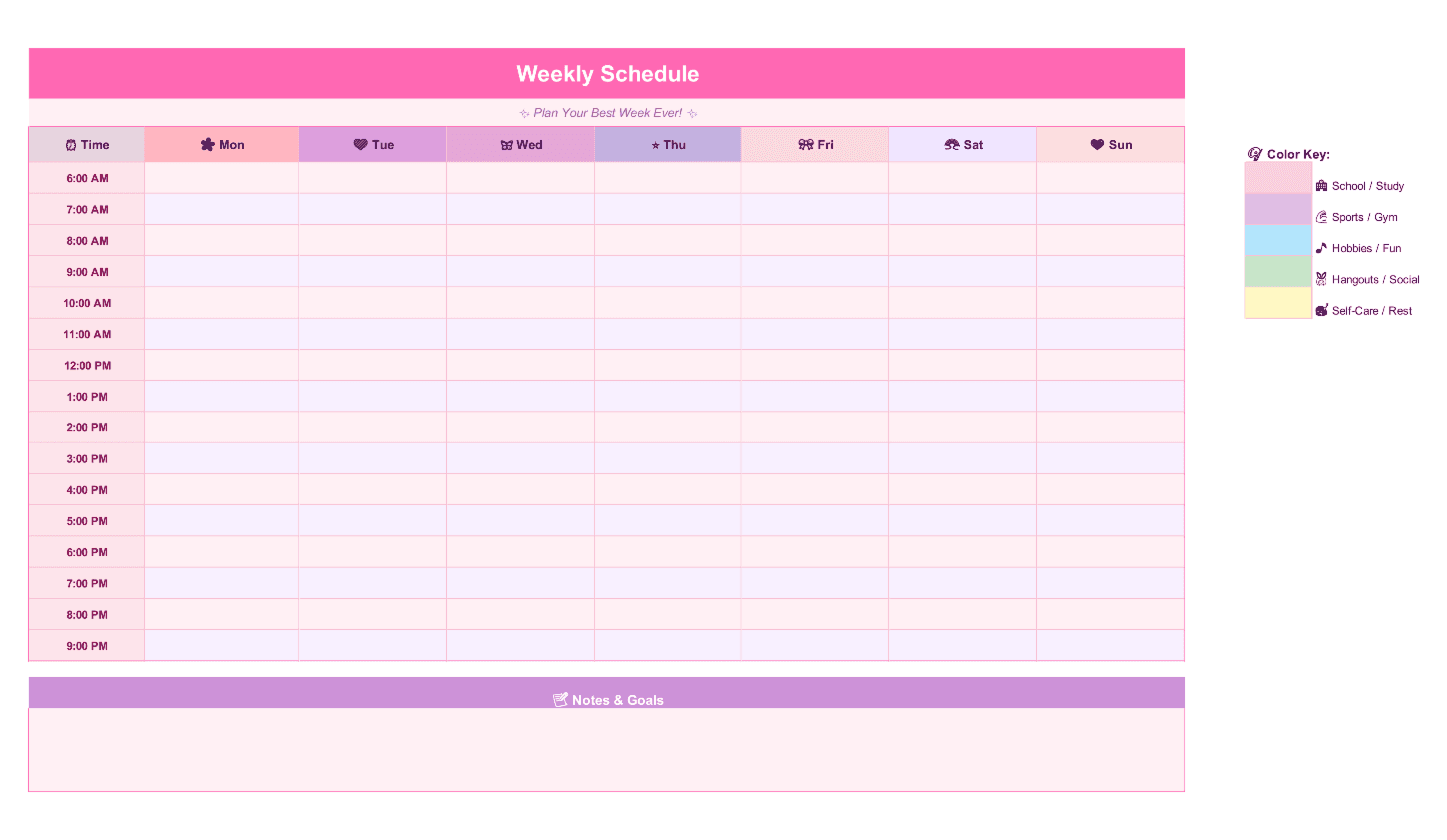 Weekly schedule for a teenage girl template