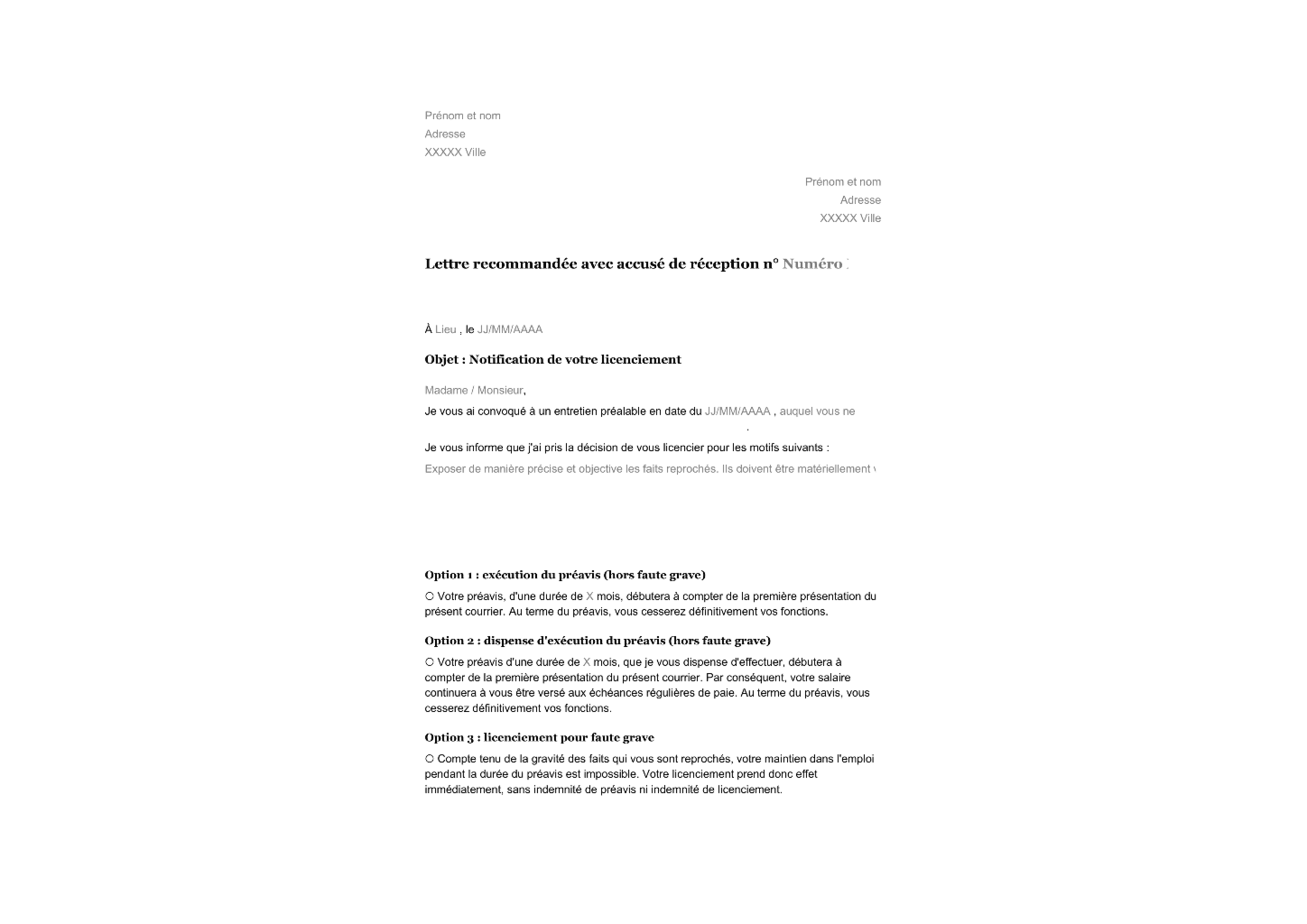 Lettre de licenciement pour faute simple ou grave modèle