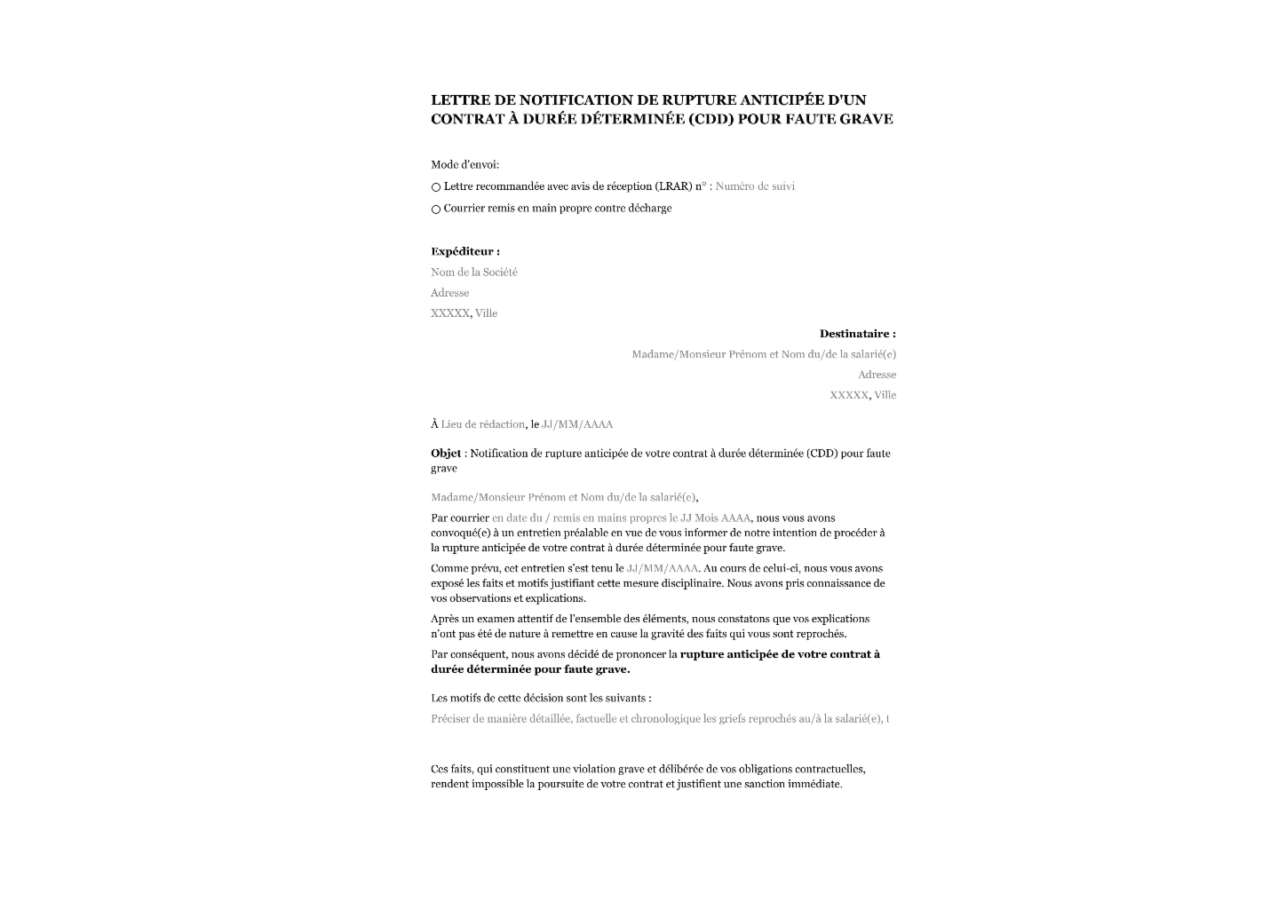 Lettre de rupture d'un CDD pour faute grave modèle