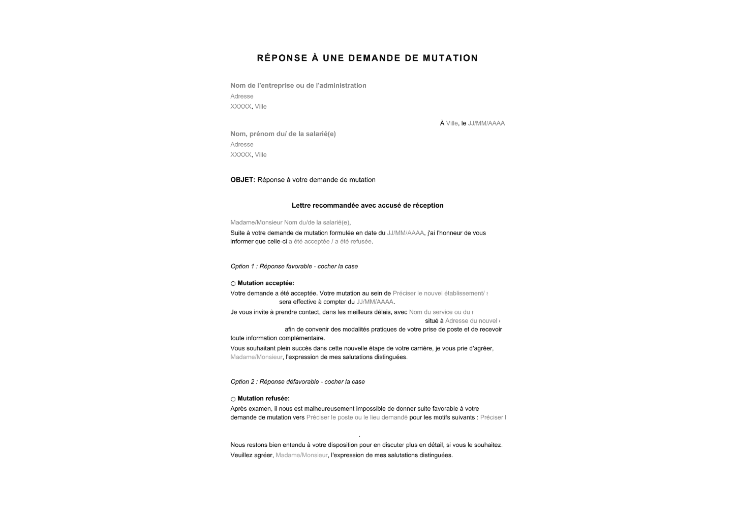 Réponse à une demande de mutation professionnelle modèle