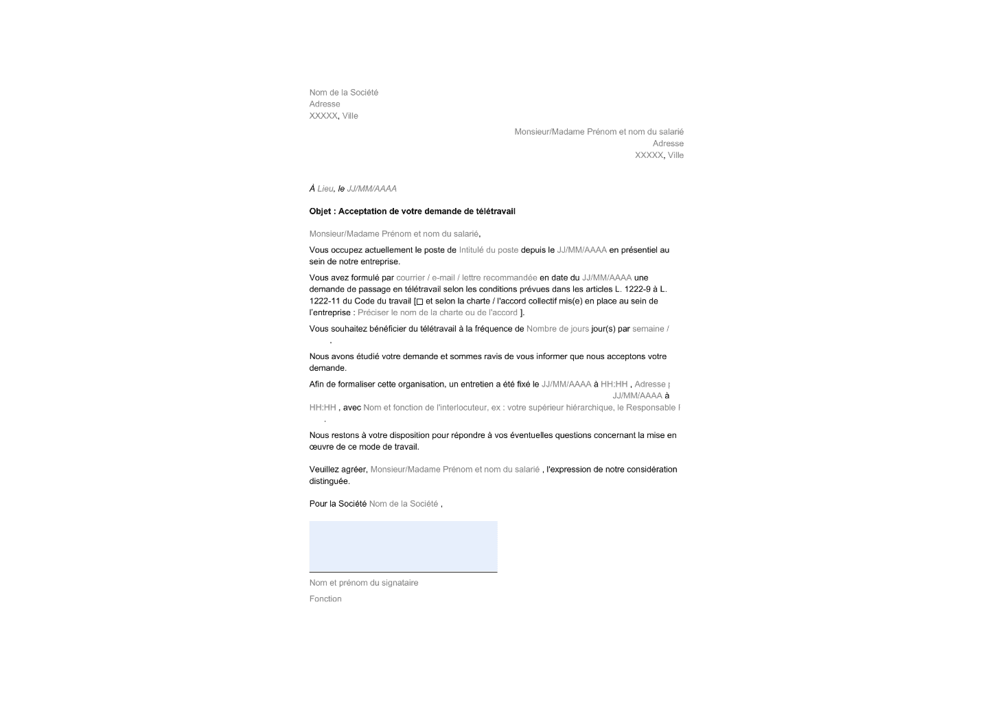 Réponse de l'employeur à une demande de télétravail (acceptation) modèle
