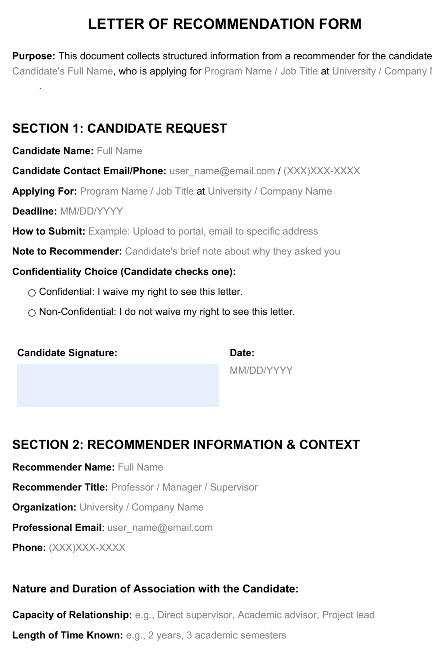 Letter of recommendation template