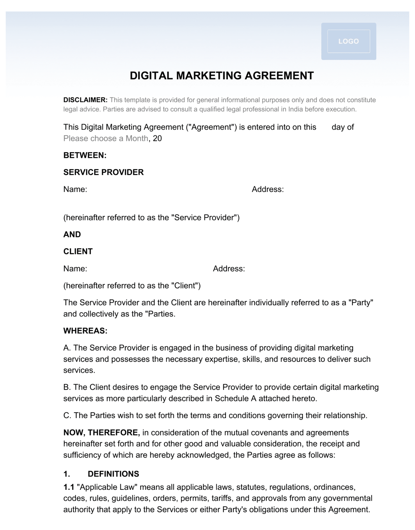 Digital marketing agreement template