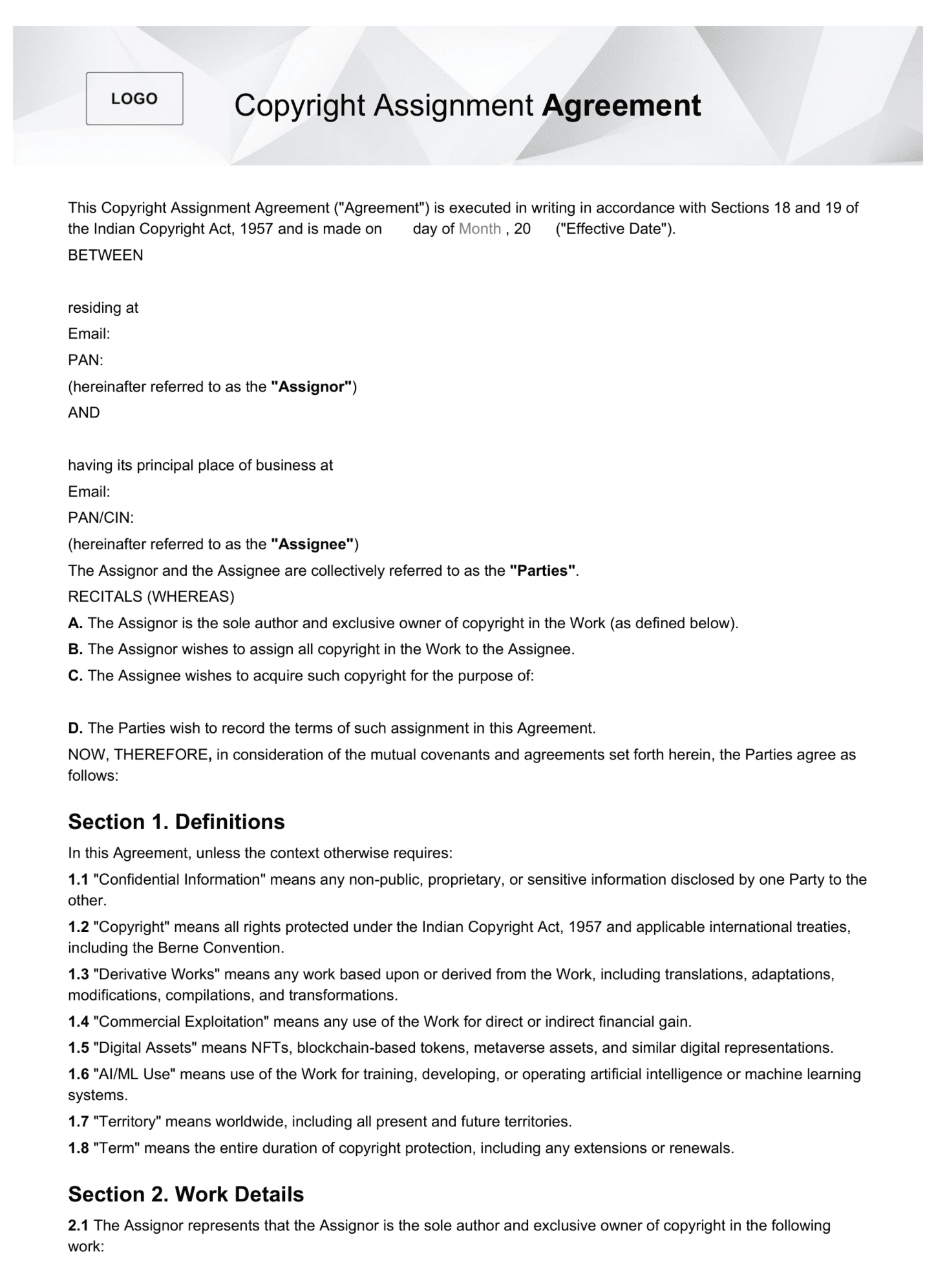 Copyright assignment agreement template